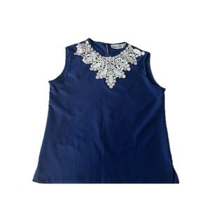 70s Vintage Blue Lace Collar Sleeveless Blouse Size 12 Balletcore Rosette Chic